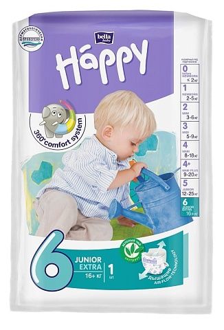 Подгузники детские Happy Junior Extra, вес 16+ кг., 1 шт.