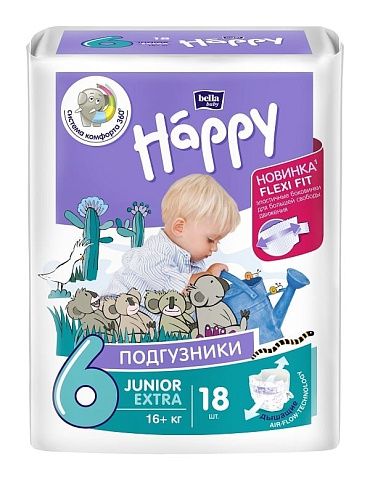 Подгузники детские Happy Junior Extra, вес 16+ кг.,18 шт.
