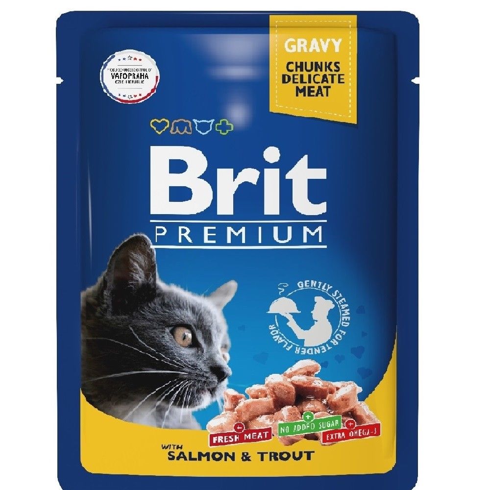 Пауч BRIT Premium для взрослых кошек, Лосось и Форель в соусе, 85г
