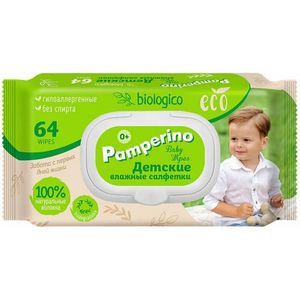 Детские влажные салфетки Pamperino Eco biologico, с пластиковым клапаном, 64 шт