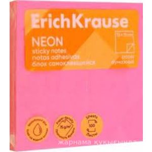 Блок самоклеящийся бумажный ErichKrause Neon, 75х75 мм, 100 листов, розовый, розовый